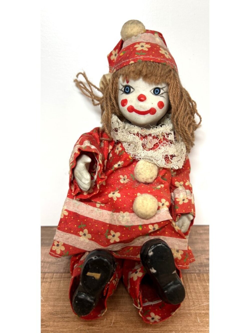 Clown Vintage Porcelain Doll Sitting Shelf Pot Belly Harliquin Hand Painted